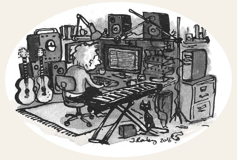 Drawing of Clive Akass at messy desk with compiuers and kmsucial gear