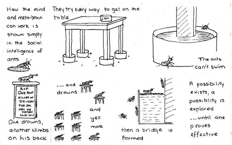 Cartoon of ants drowning to form a bridge over water to get to some jjam.