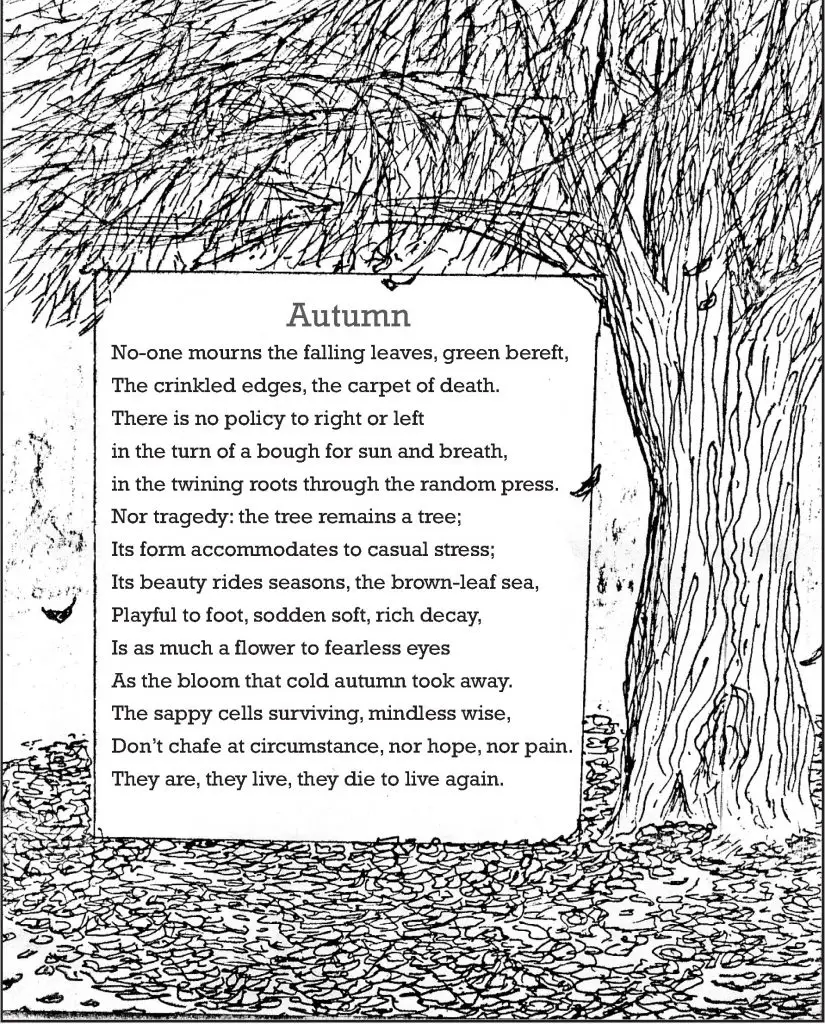 Autumn poem amid a drawing of an autumnal tree