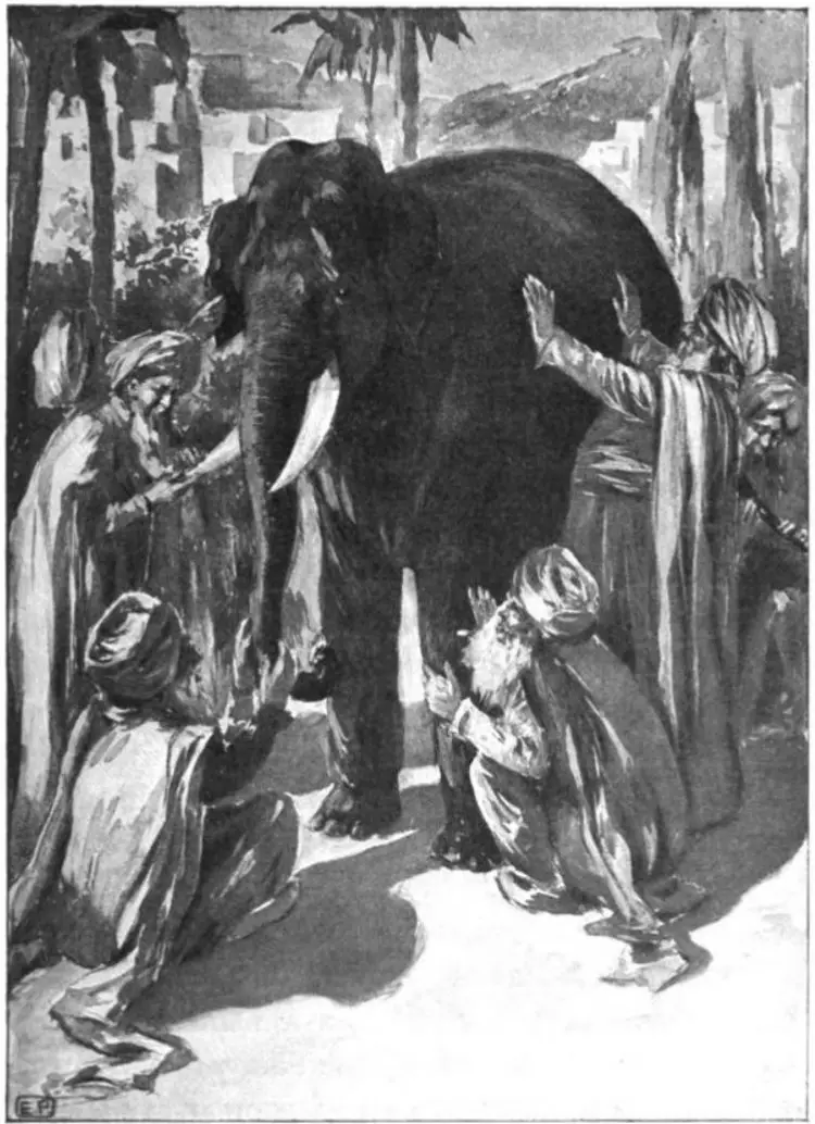 Olld draWING OF BLIND MEN TRYING TO DEASCRIBE AN ELEPHANT