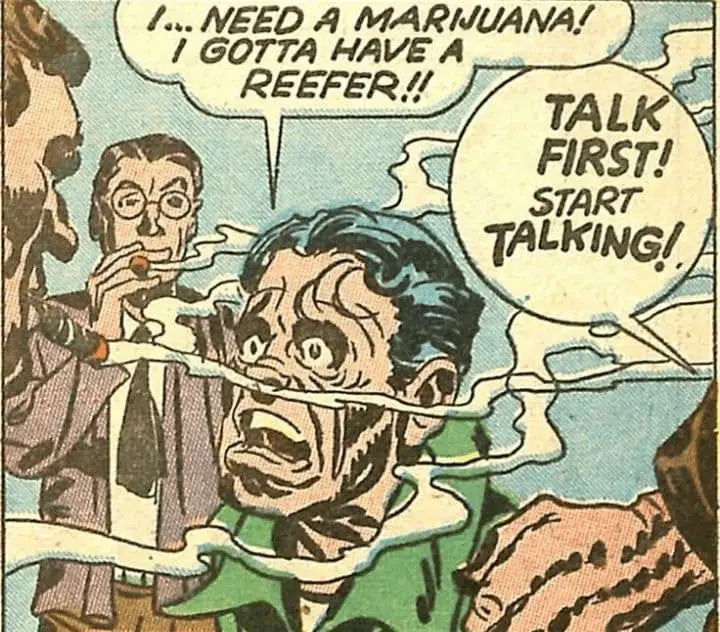 Comic picture exaggerating addiction to reefers